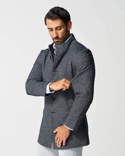 State & Liberty - Open Button Overcoat - Navy & Grey Chevron