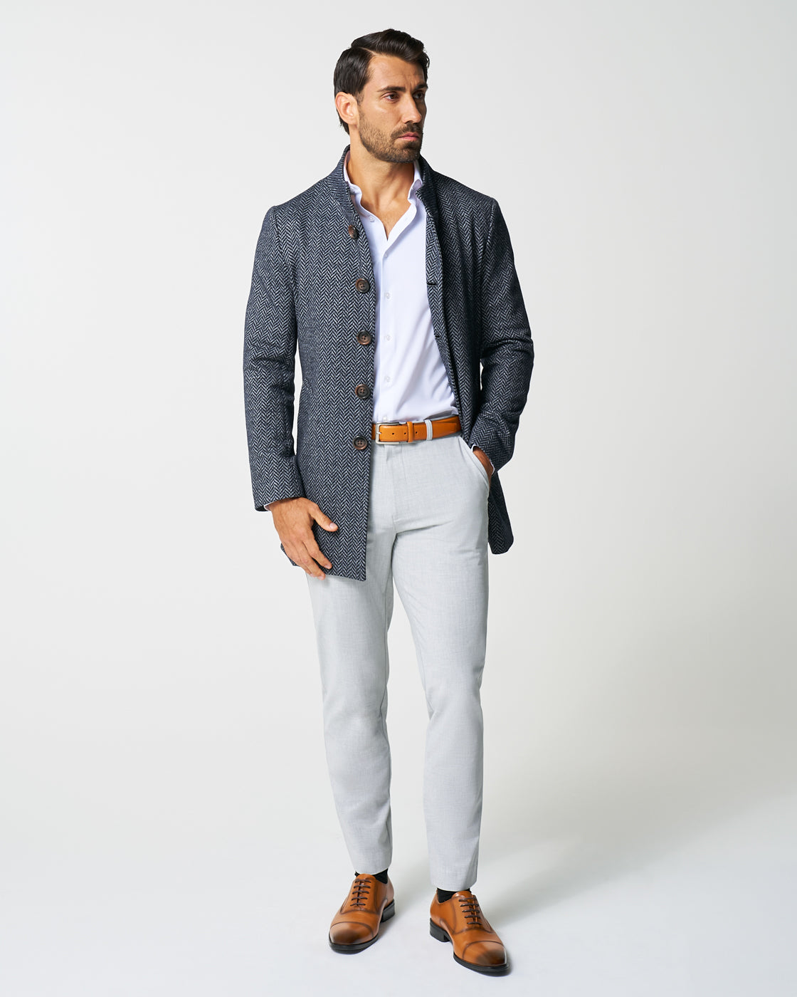 State & Liberty - Open Button Overcoat - Navy & Grey Chevron