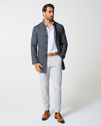 State & Liberty - Open Button Overcoat - Navy & Grey Chevron