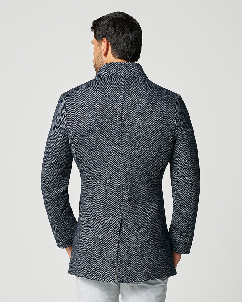 State & Liberty - Open Button Overcoat - Navy & Grey Chevron