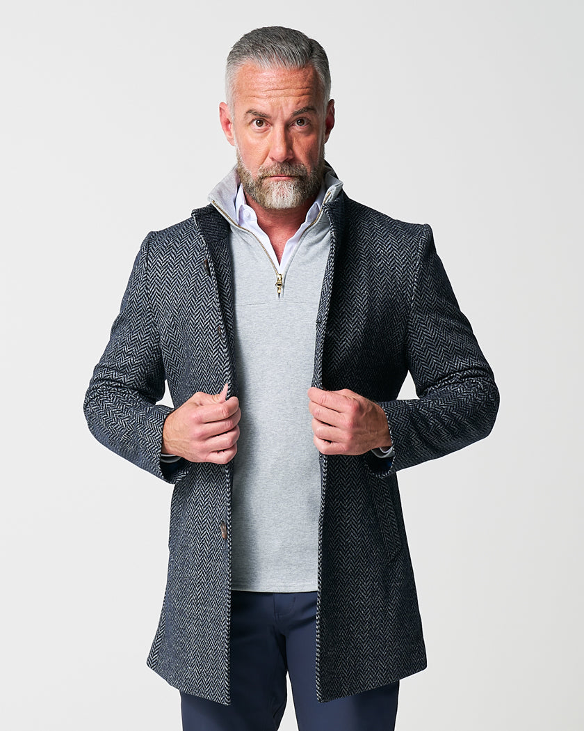 State & Liberty - Open Button Overcoat - Navy & Grey Chevron