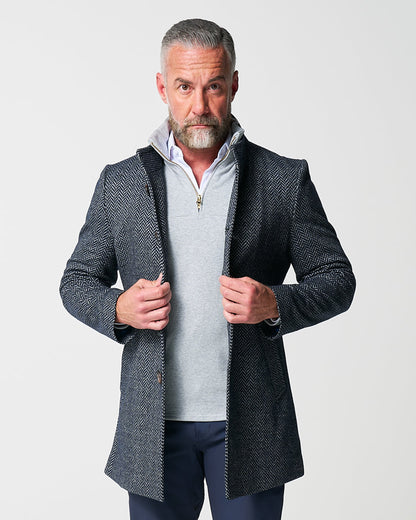 State & Liberty - Open Button Overcoat - Navy & Grey Chevron