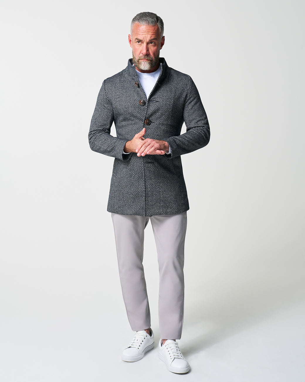 State & Liberty - Open Button Overcoat - Navy & Grey Chevron