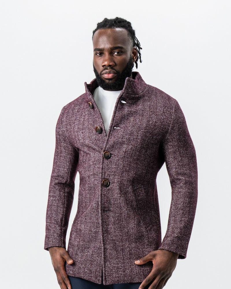 State & Liberty - Maroon Herringbone Open Button Overcoat