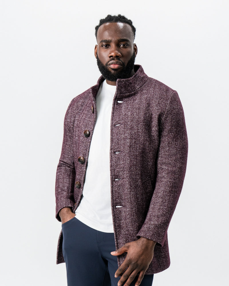 State & Liberty - Maroon Herringbone Open Button Overcoat
