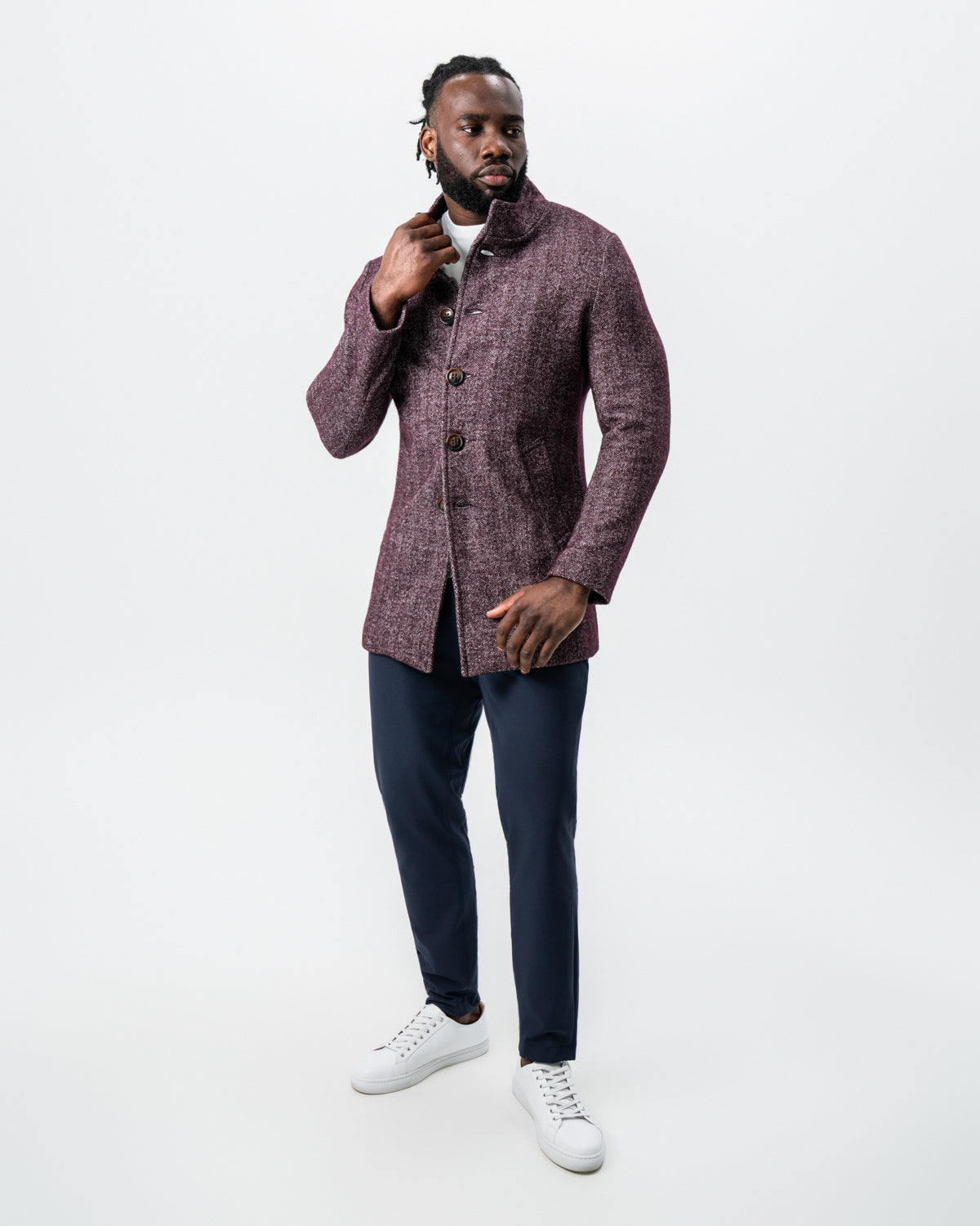 State & Liberty - Maroon Herringbone Open Button Overcoat