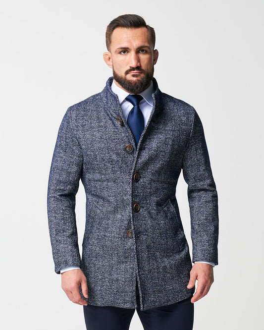 State & Liberty - Open Button Overcoat - Navy Herringbone