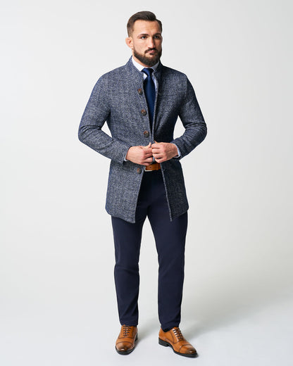 State & Liberty - Open Button Overcoat - Navy Herringbone