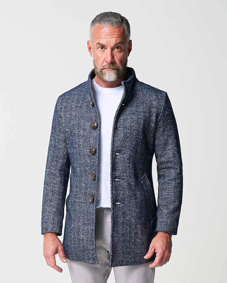 State & Liberty - Open Button Overcoat - Navy Herringbone
