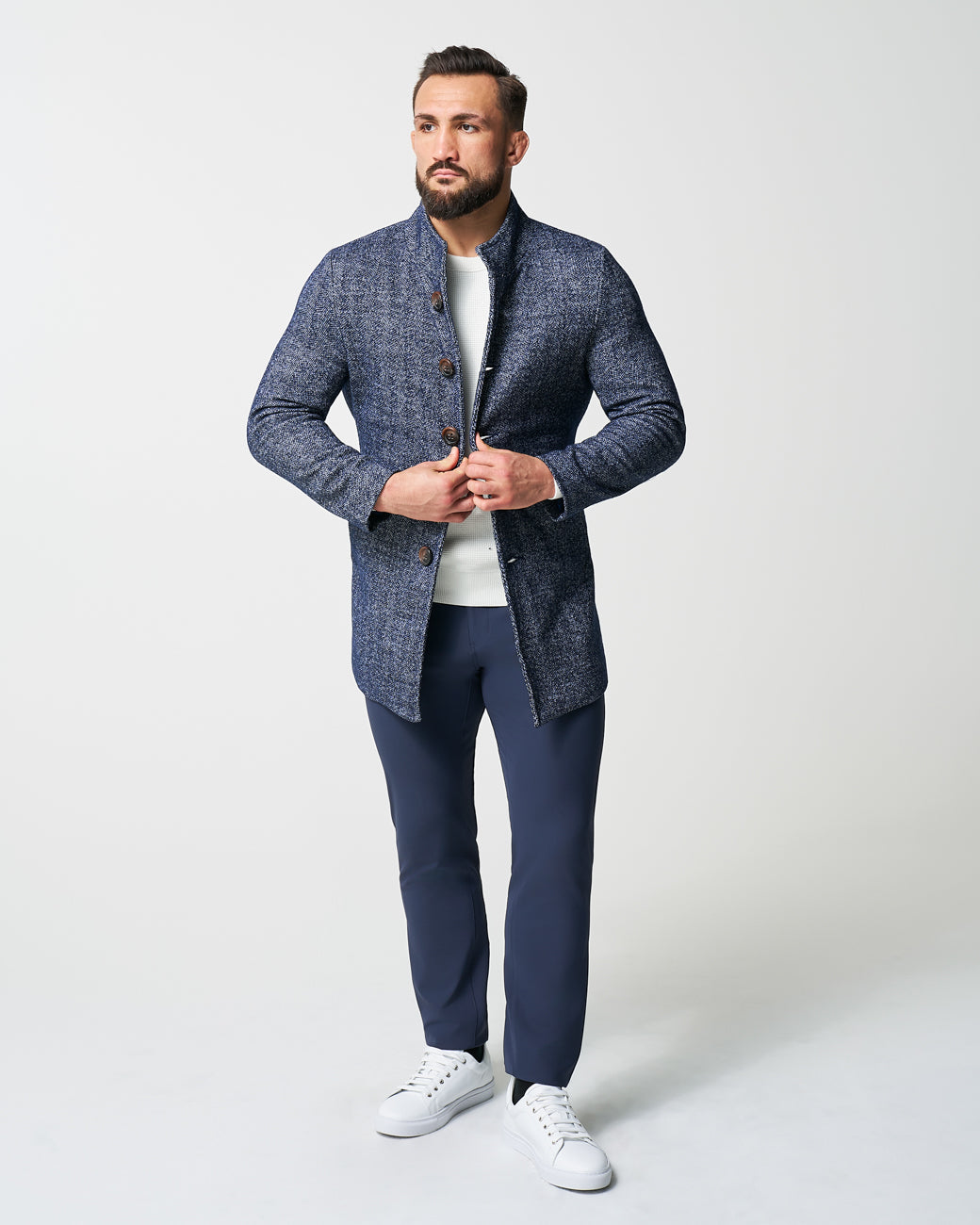 State & Liberty - Open Button Overcoat - Navy Herringbone