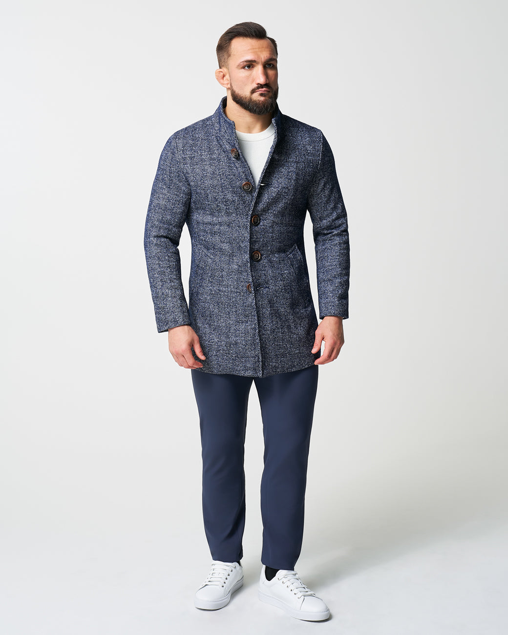 State & Liberty - Open Button Overcoat - Navy Herringbone