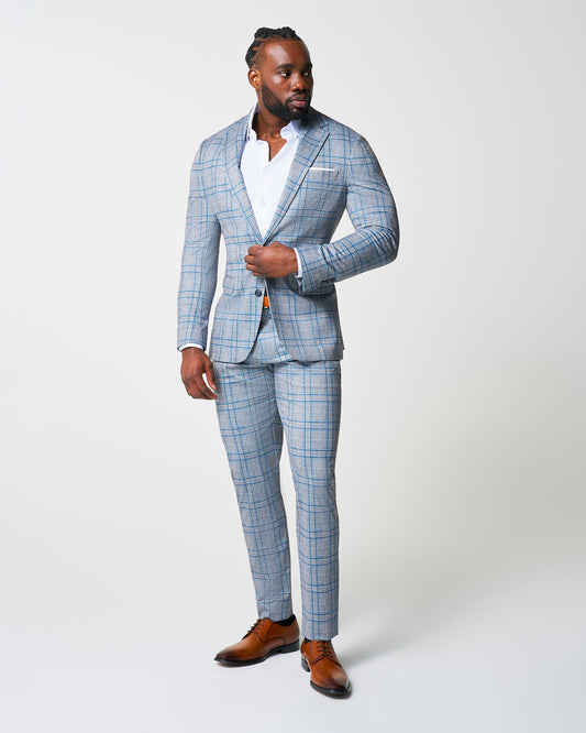 State & Liberty - Athletic Fit Stretch Suit - Grey & Royal Blue Plaid