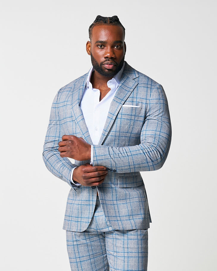 State & Liberty - Athletic Fit Stretch Suit - Grey & Royal Blue Plaid