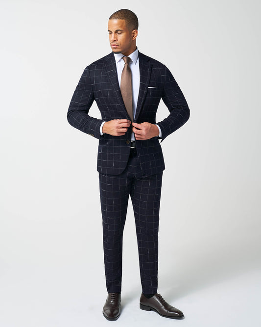 State & Liberty - Athletic Fit Stretch Wool Suit - Midnight Navy & Chalk Windowpane