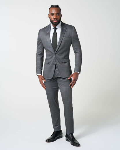 State & Liberty - Athletic Fit Stretch Suit - Grey and White Big Windowpane