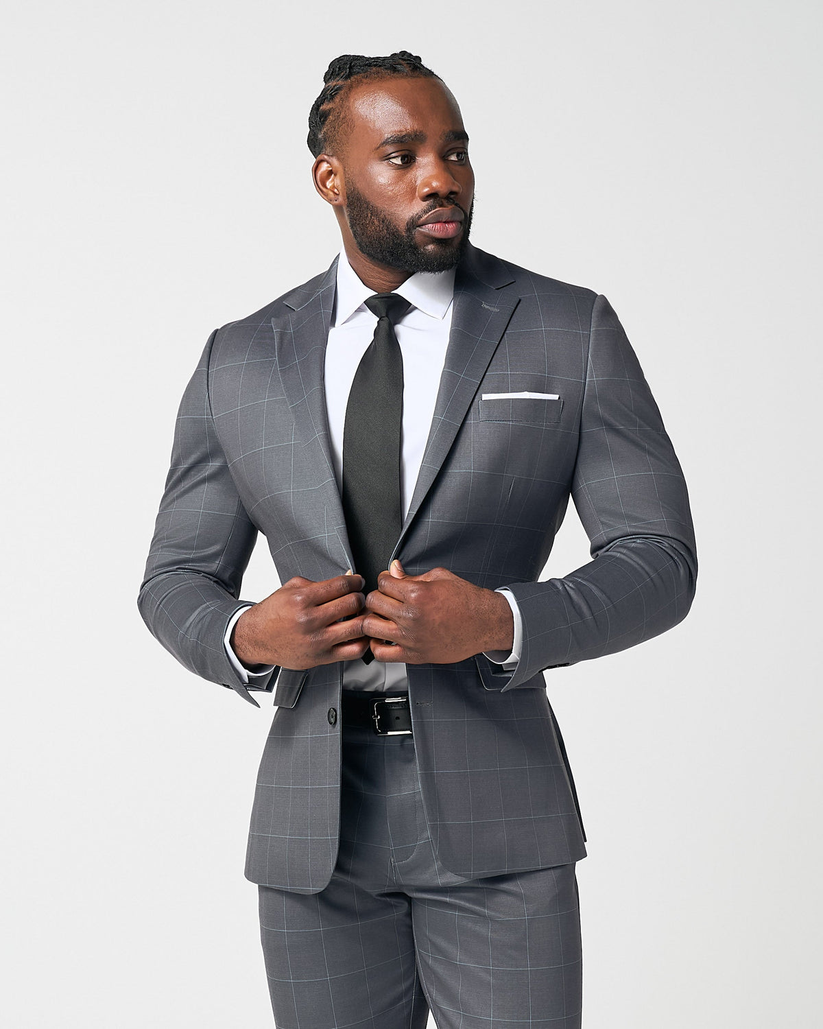 State & Liberty - Athletic Fit Stretch Suit - Grey and White Big Windowpane