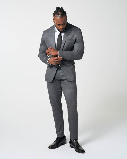 State & Liberty - Athletic Fit Stretch Suit - Grey and White Big Windowpane