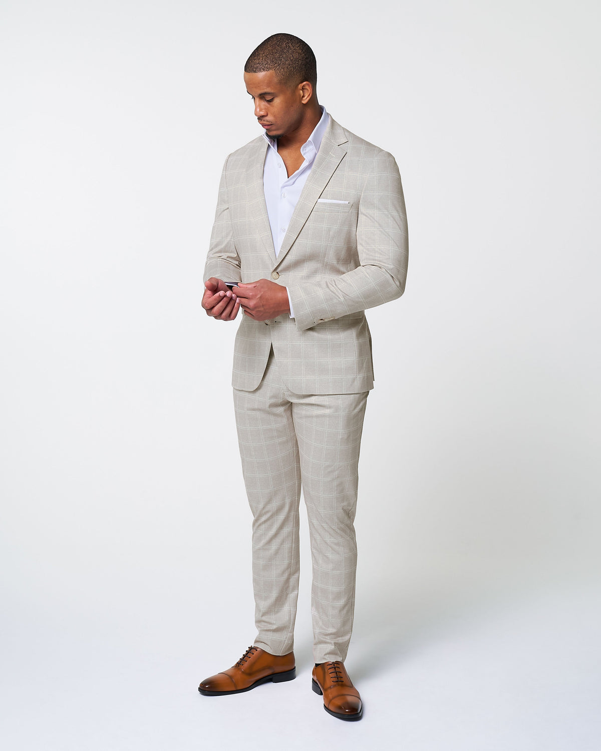 State & Liberty - Athletic Fit Stretch Suit - Tan and White Windowpane Suit