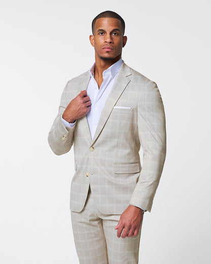 State & Liberty - Athletic Fit Stretch Suit - Tan and White Windowpane Suit