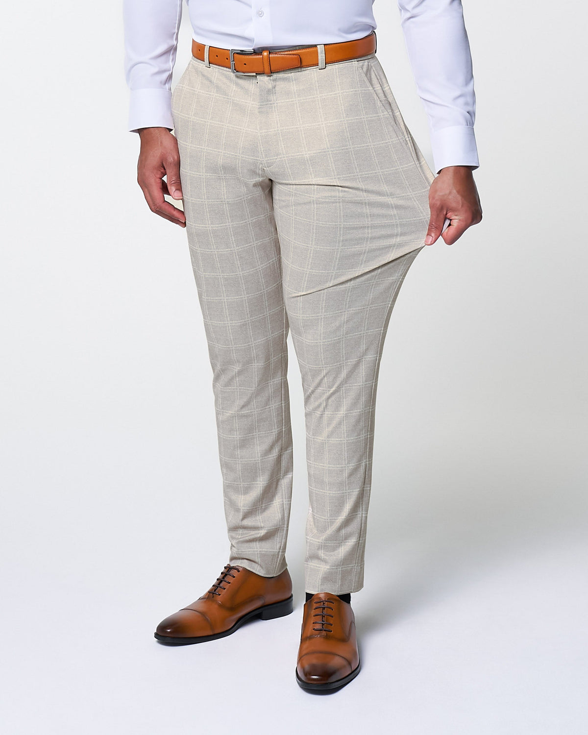 State & Liberty - Athletic Fit Stretch Suit - Tan and White Windowpane Suit