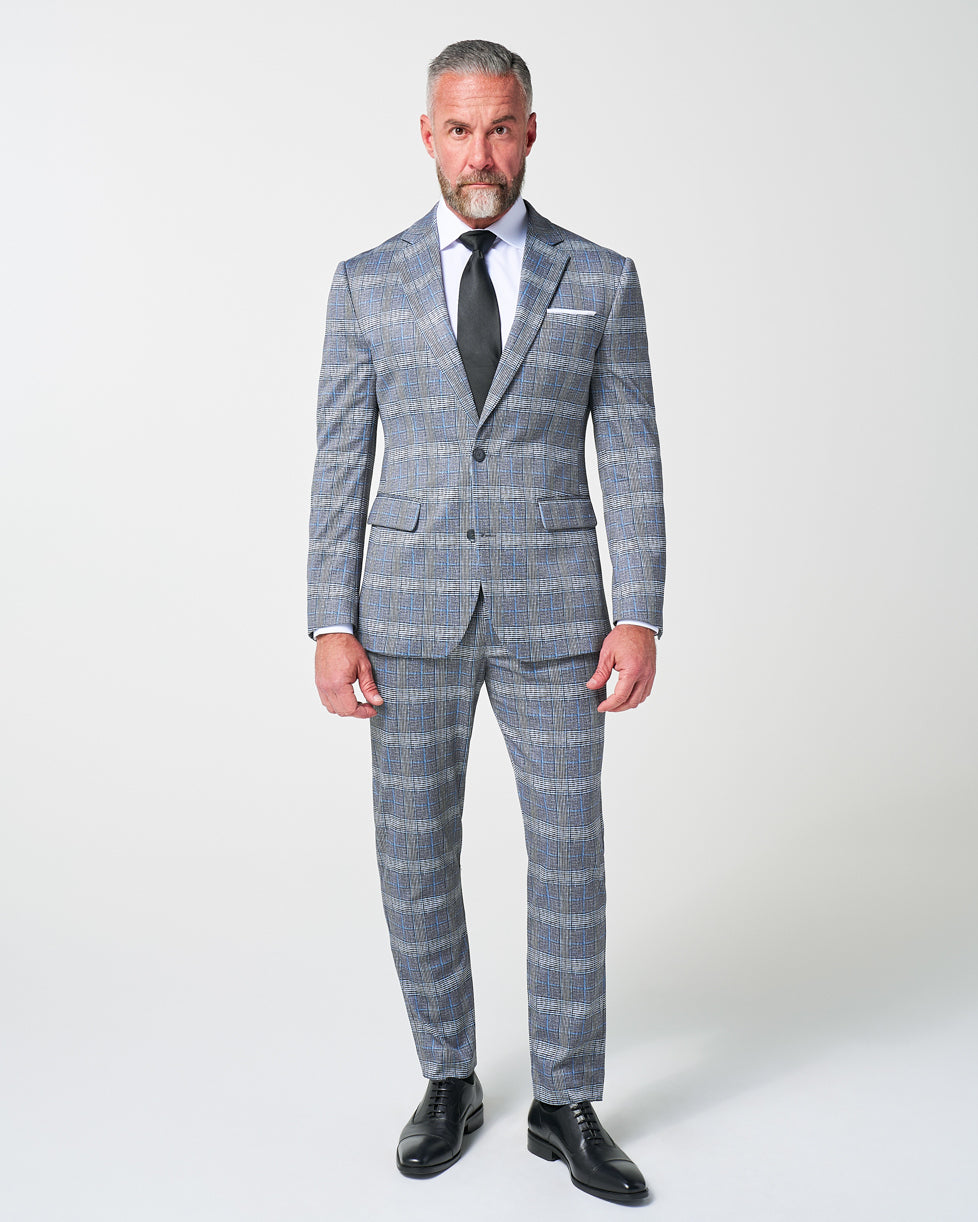 State & Liberty - Athletic Fit Stretch Suit - Grey with Blue Plaid