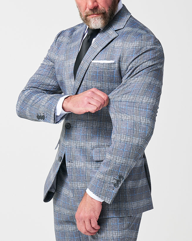 State & Liberty - Athletic Fit Stretch Suit - Grey with Blue Plaid