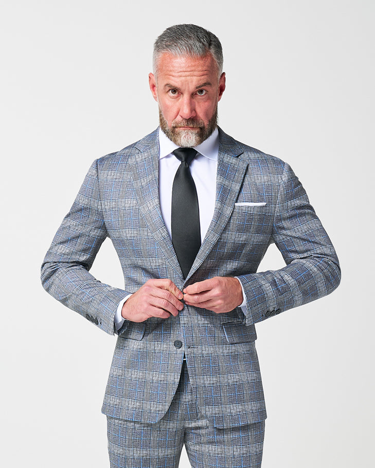State & Liberty - Athletic Fit Stretch Suit - Grey with Blue Plaid