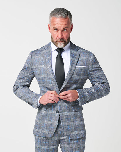 State & Liberty - Athletic Fit Stretch Suit - Grey with Blue Plaid