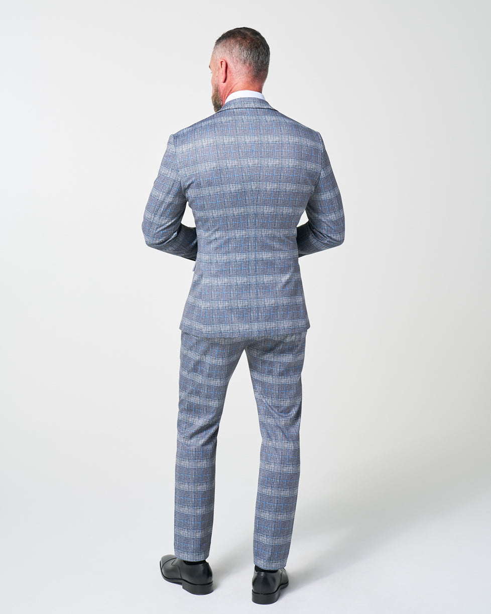 State & Liberty - Athletic Fit Stretch Suit - Grey with Blue Plaid