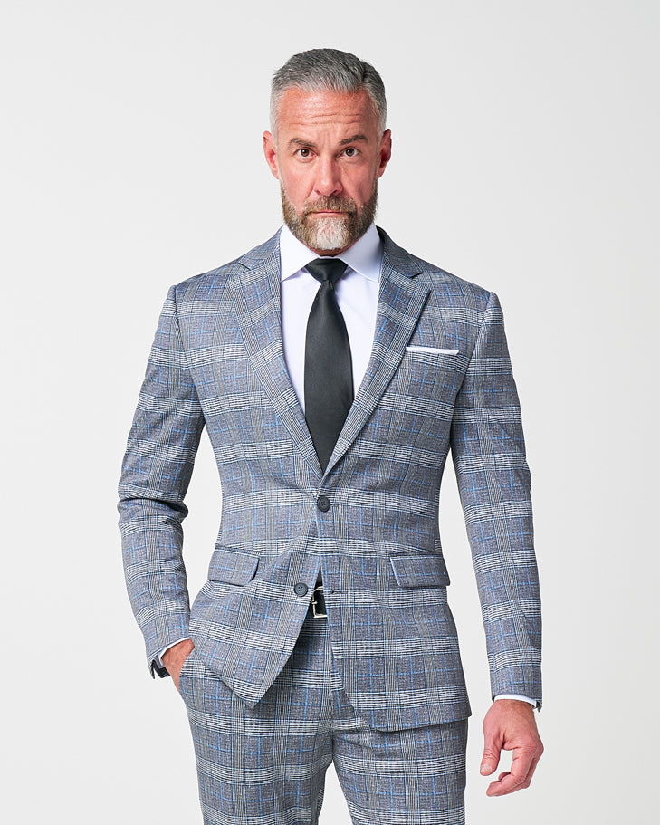 State & Liberty - Athletic Fit Stretch Suit - Grey with Blue Plaid