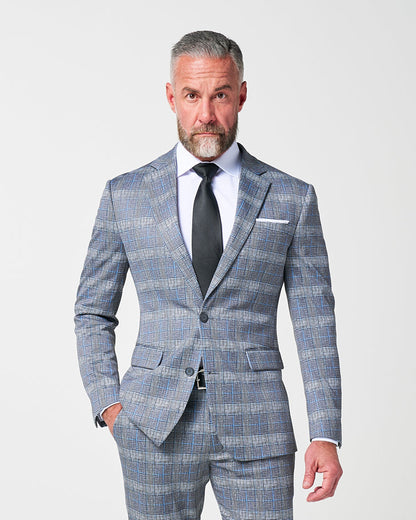 State & Liberty - Athletic Fit Stretch Suit - Grey with Blue Plaid