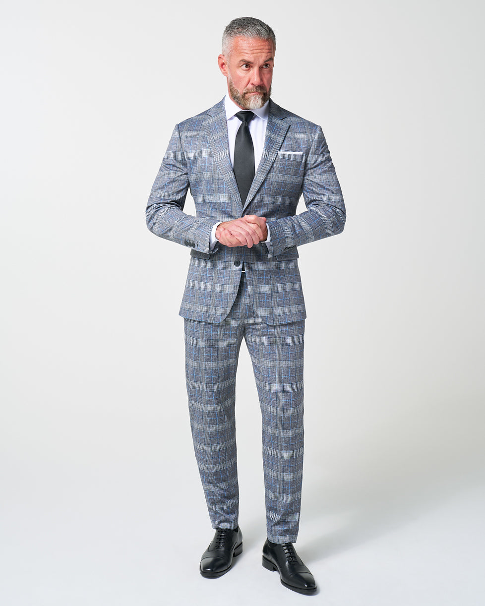 State & Liberty - Athletic Fit Stretch Suit - Grey with Blue Plaid