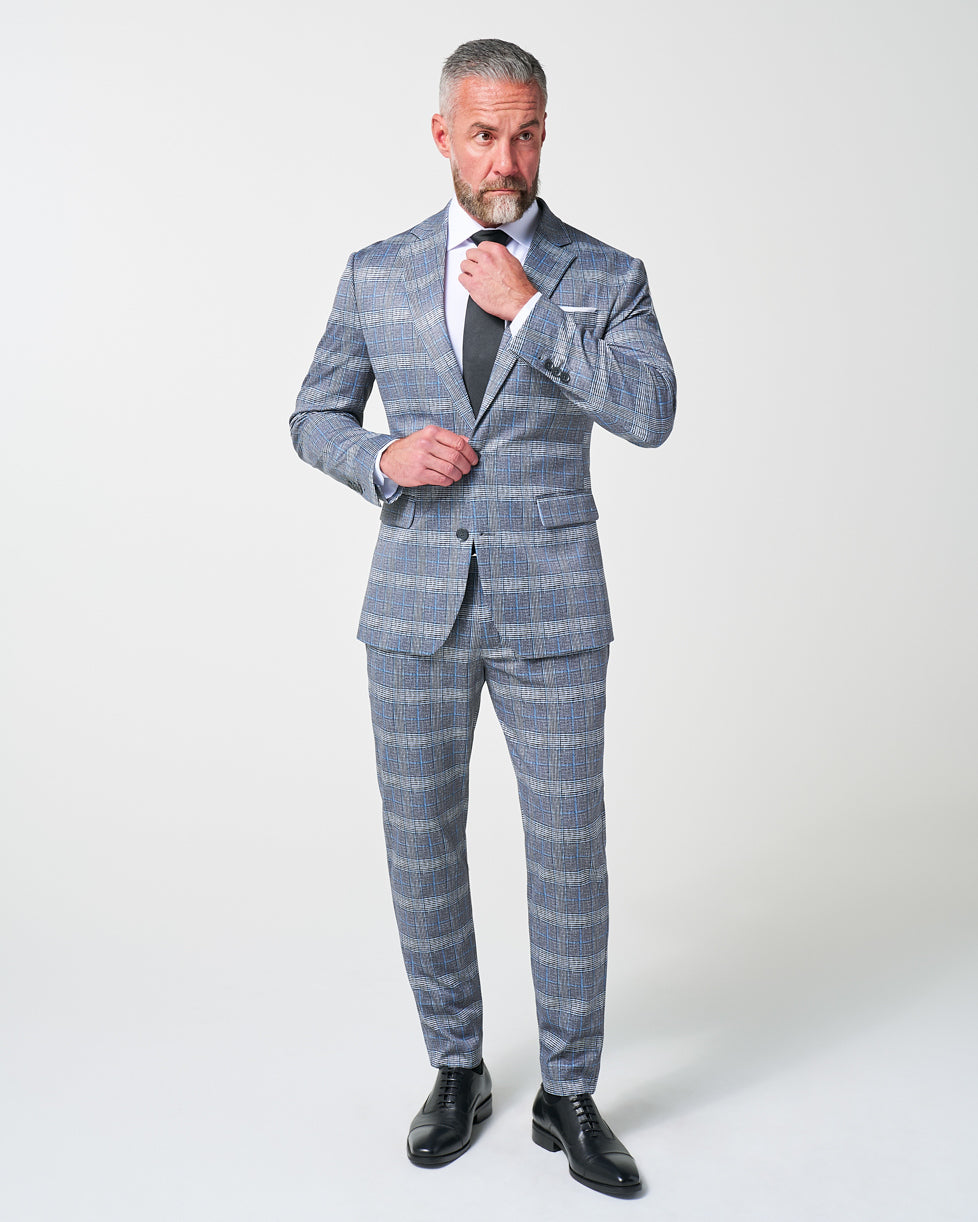 State & Liberty - Athletic Fit Stretch Suit - Grey with Blue Plaid