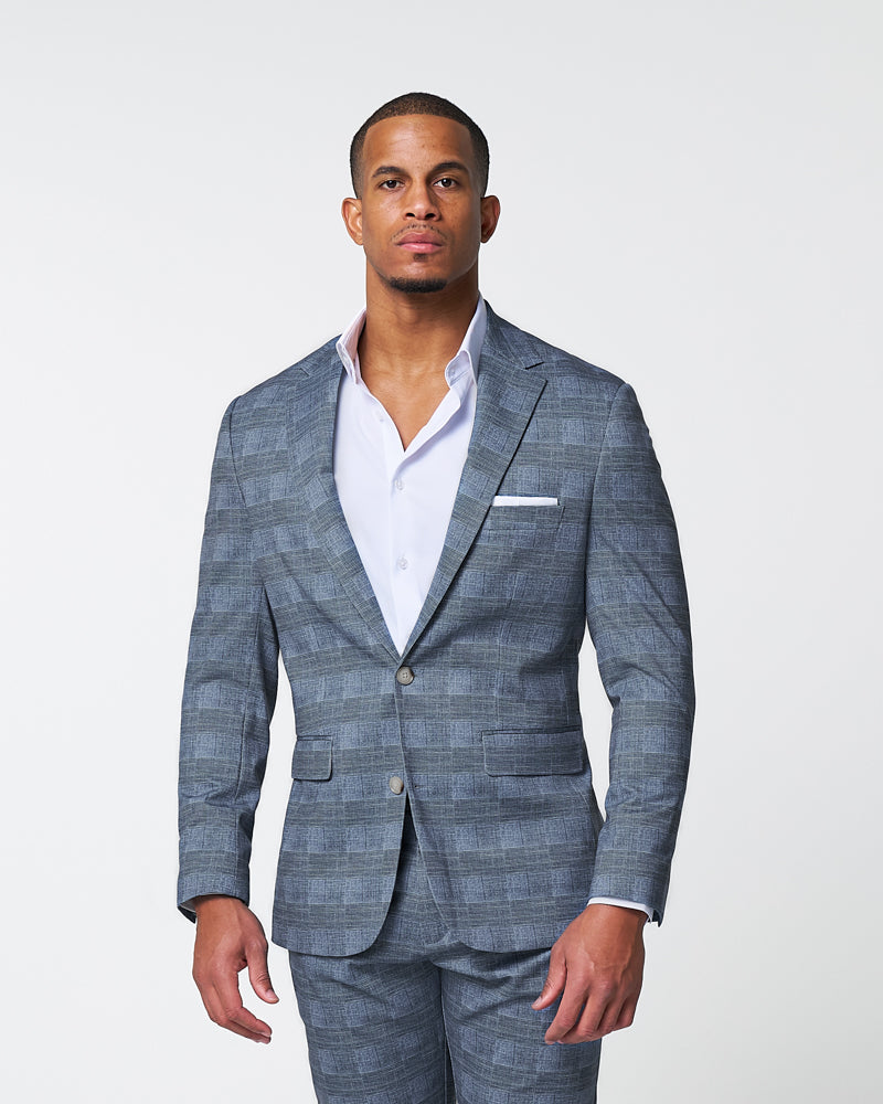 State & Liberty - Athletic Fit Stretch Suit - Knit Light Blue, Navy and White Plaid