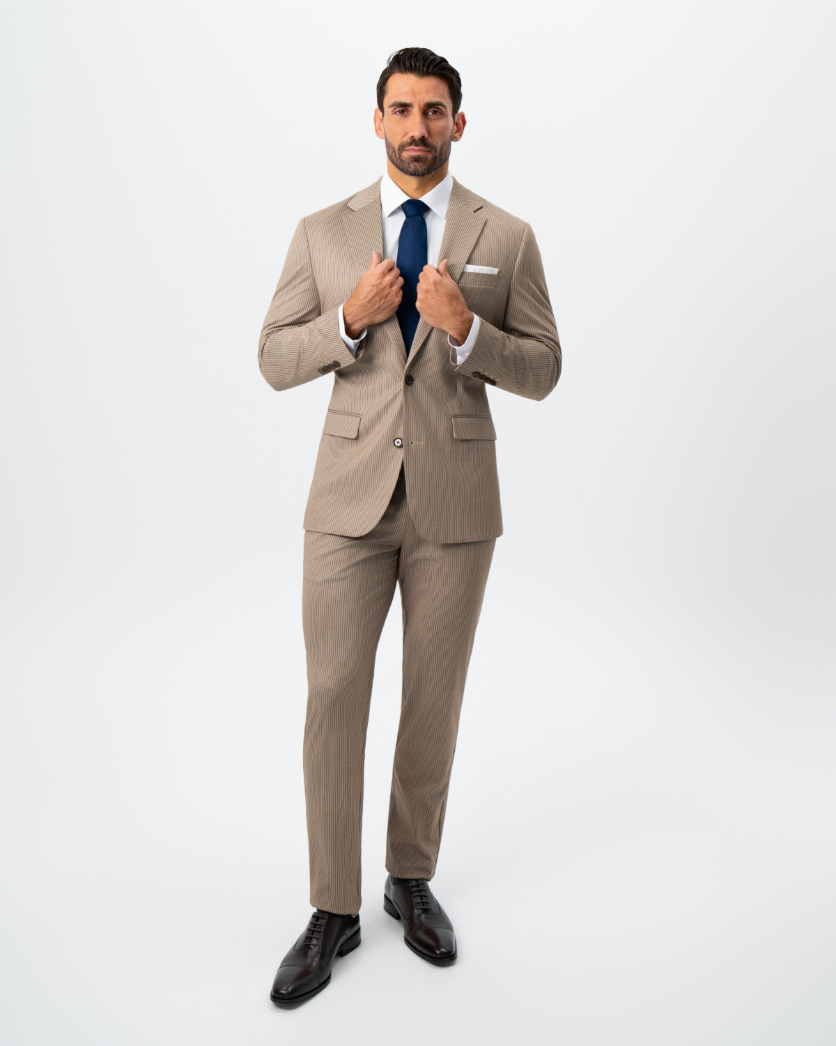 State & Liberty - Athletic Fit Stretch Suit - Khaki and Olive Pinstripe