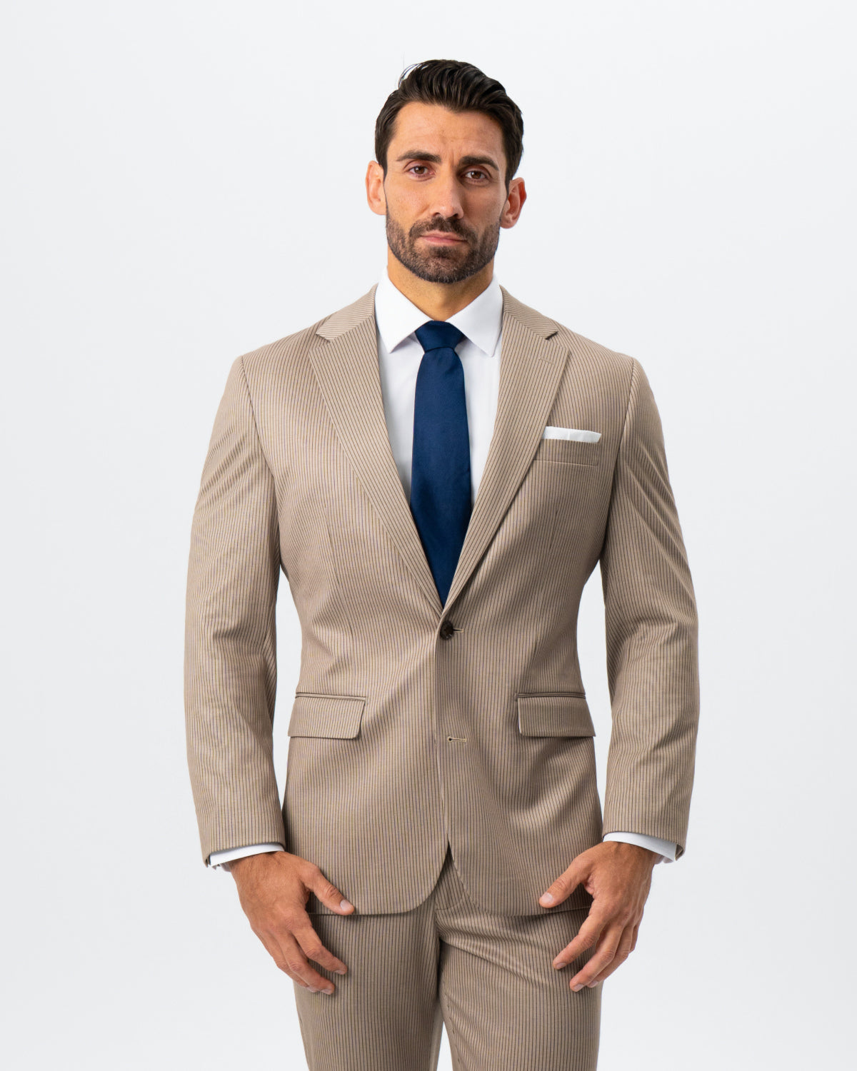 State & Liberty - Athletic Fit Stretch Suit - Khaki and Olive Pinstripe