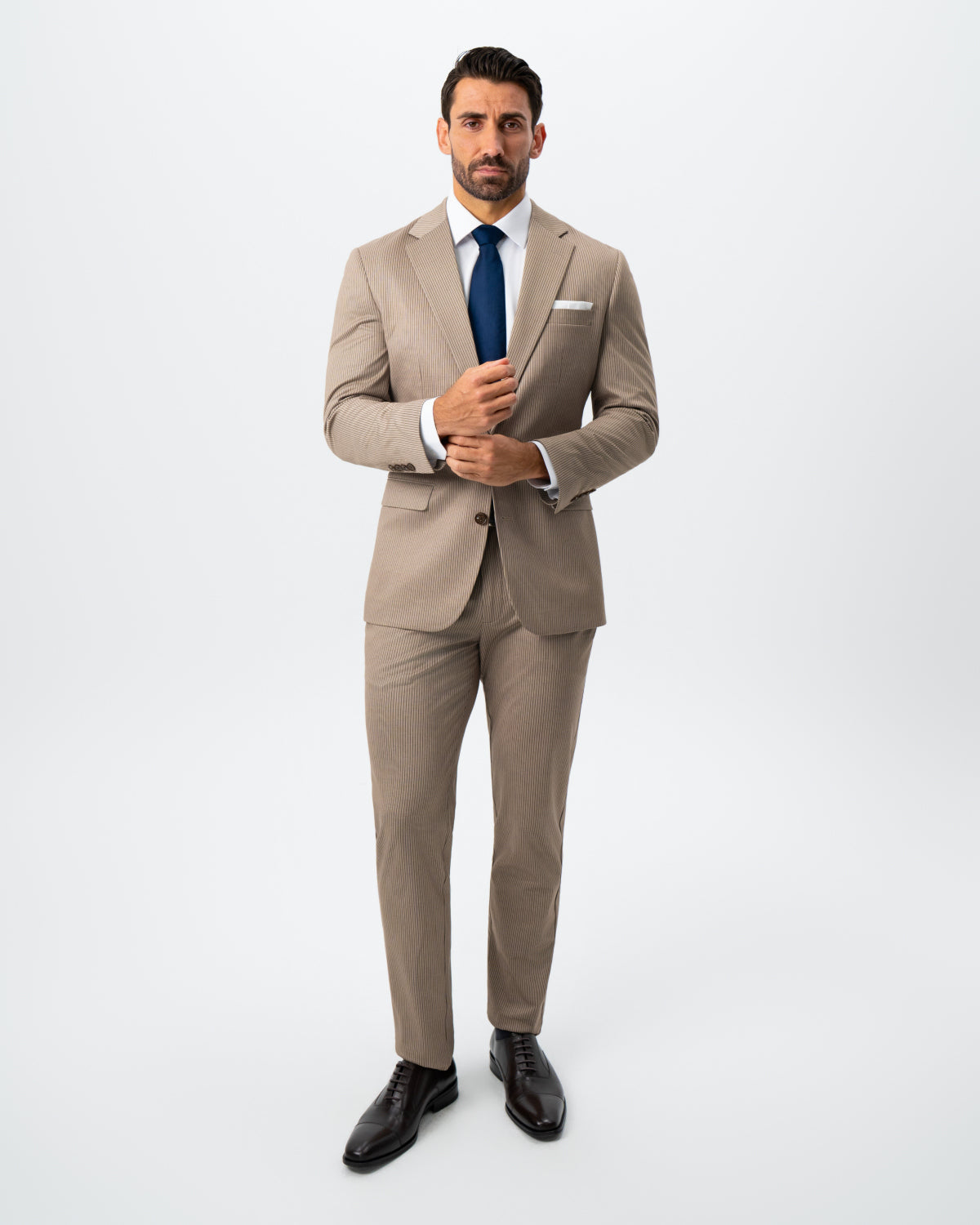 State & Liberty - Athletic Fit Stretch Suit - Khaki and Olive Pinstripe