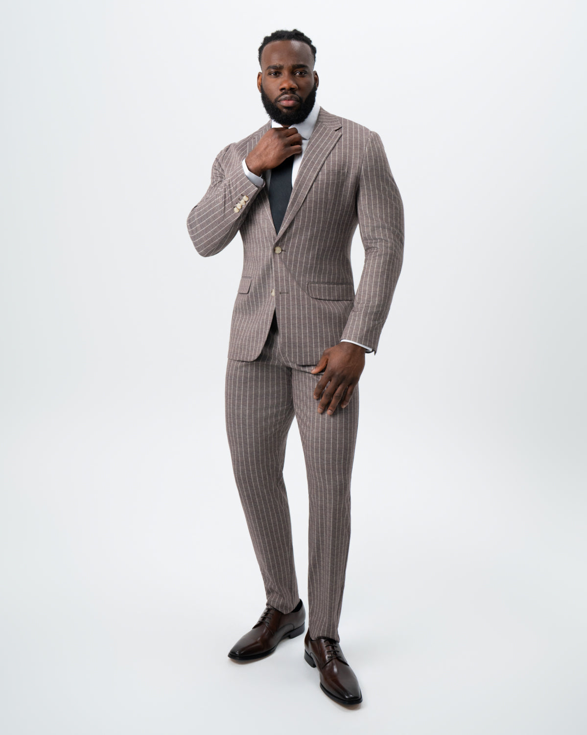 State & Liberty - Athletic Fit Stretch Suit - Textured Light Brown with Cream Stripe