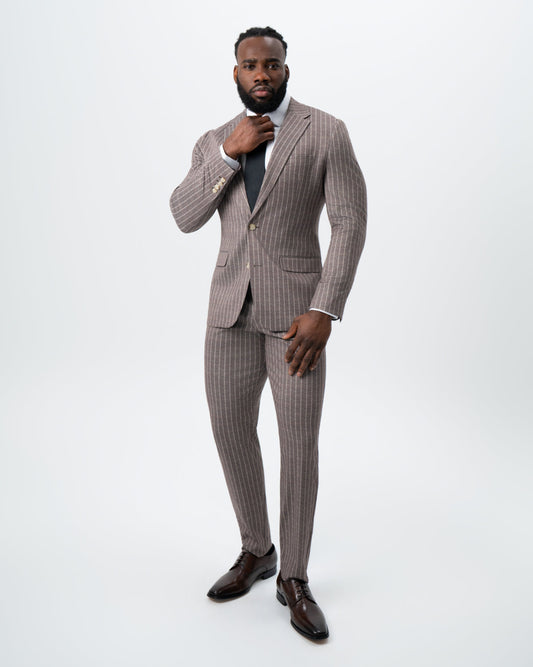 State & Liberty - Athletic Fit Stretch Suit - Textured Light Brown with Cream Stripe