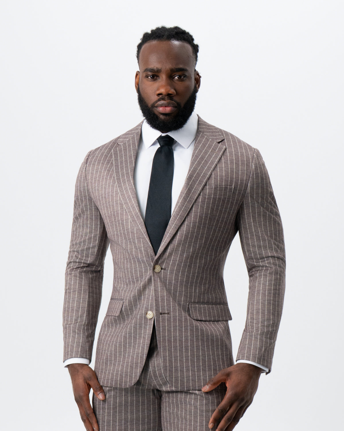 State & Liberty - Athletic Fit Stretch Suit - Textured Light Brown with Cream Stripe