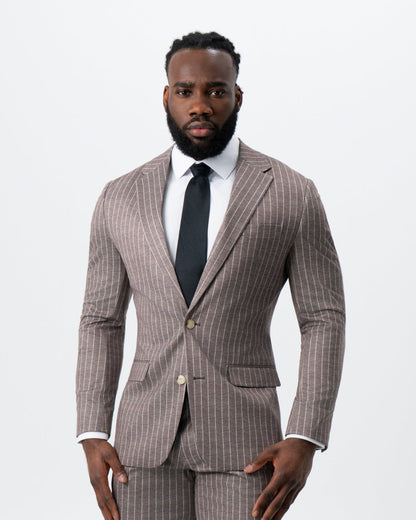 State & Liberty - Athletic Fit Stretch Suit - Textured Light Brown with Cream Stripe