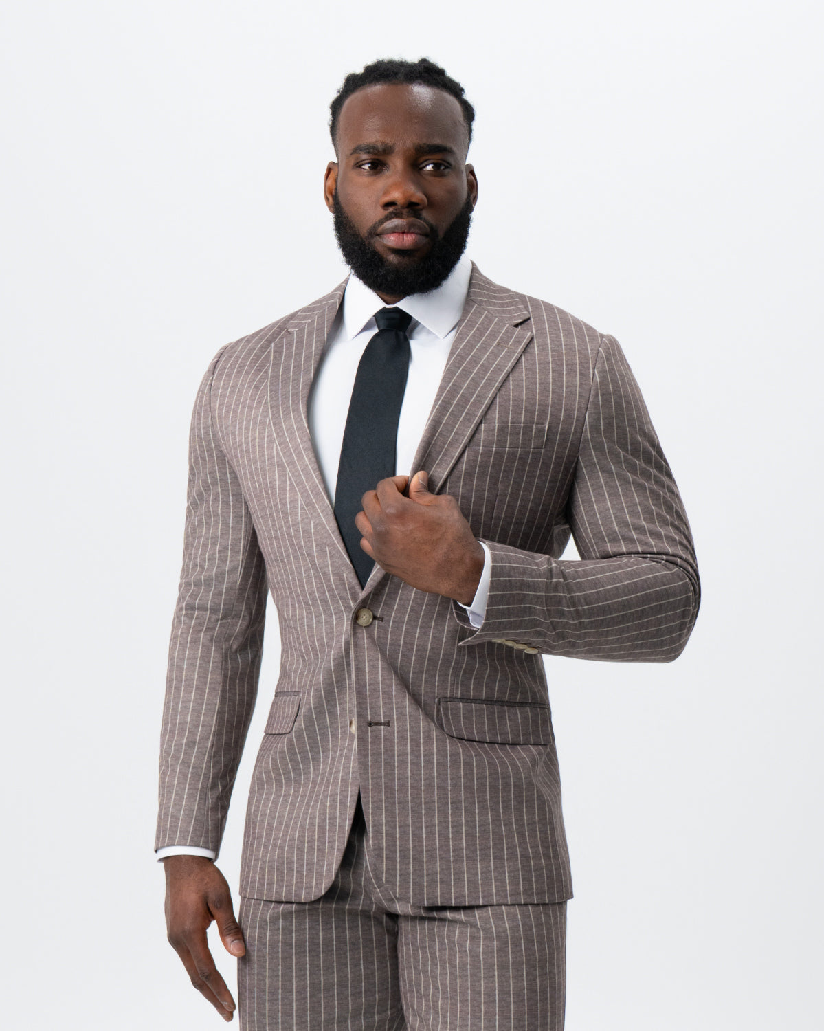 State & Liberty - Athletic Fit Stretch Suit - Textured Light Brown with Cream Stripe