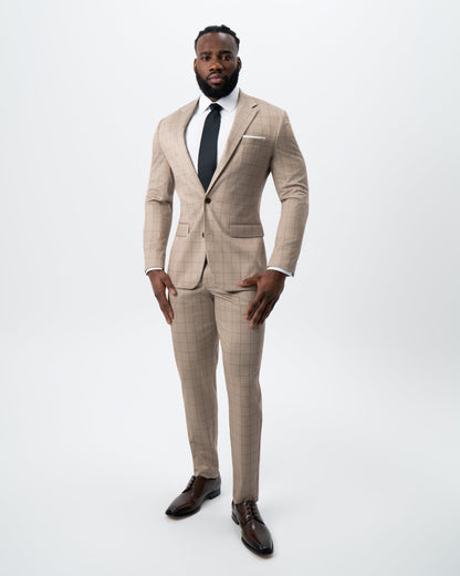 State & Liberty - Athletic Fit Stretch Suit - Khaki and Olive Windowpane