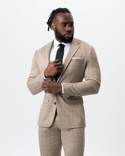 State & Liberty - Athletic Fit Stretch Suit - Khaki and Olive Windowpane