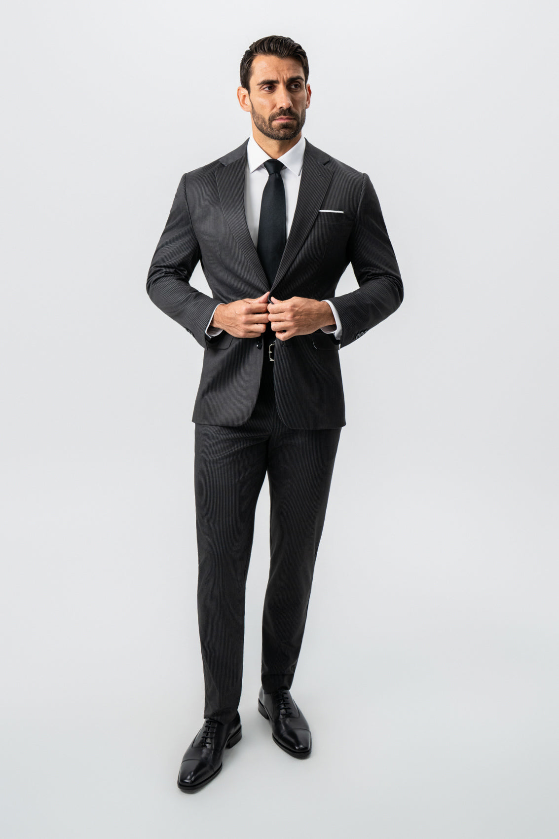 State & Liberty - Athletic Fit Stretch Suit - Black and White Chalk Pinstripe
