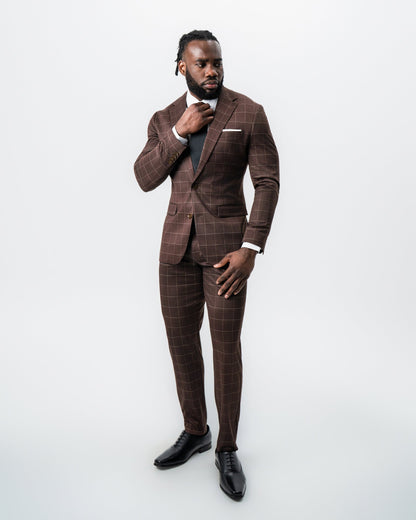 State & Liberty - Athletic Fit Stretch Suit - Mocha with Brown Windowpane
