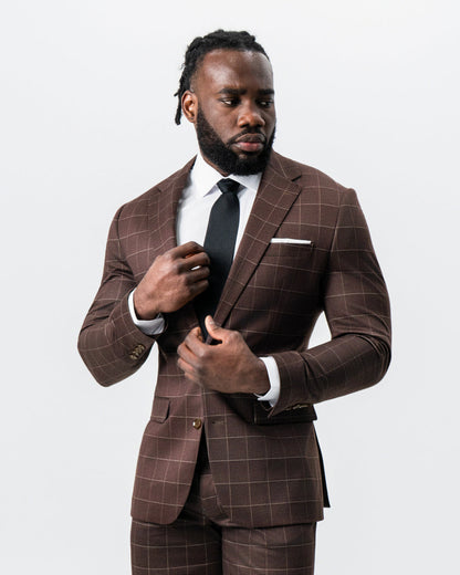 State & Liberty - Athletic Fit Stretch Suit - Mocha with Brown Windowpane