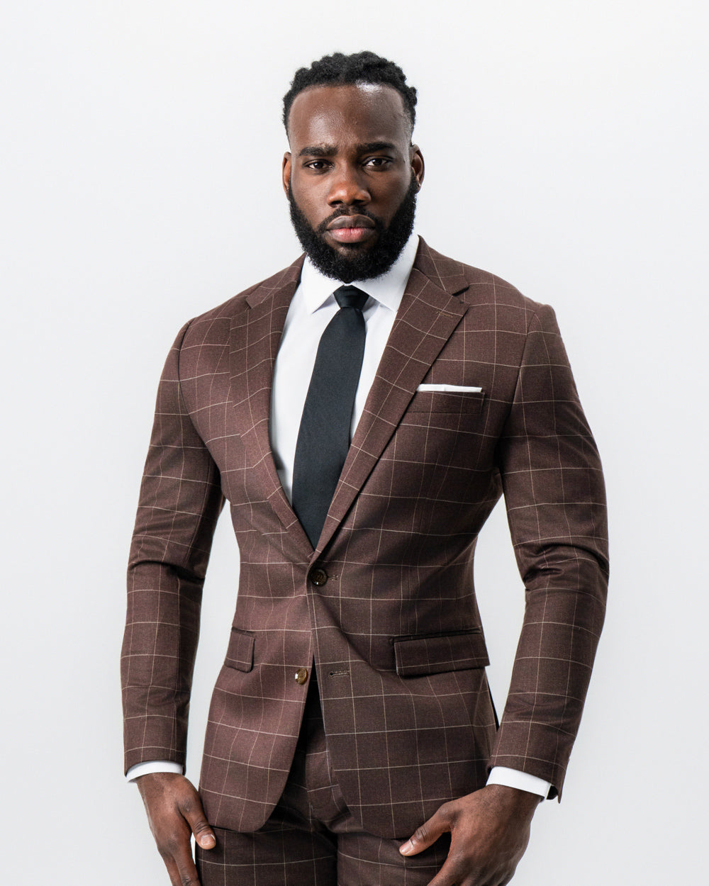 State & Liberty - Athletic Fit Stretch Suit - Mocha with Brown Windowpane