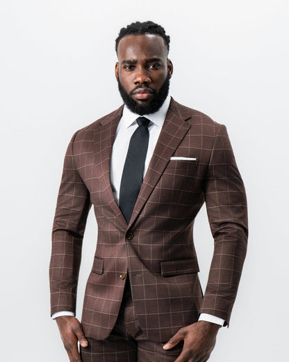 State & Liberty - Athletic Fit Stretch Suit - Mocha with Brown Windowpane