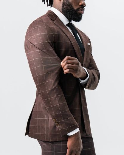 State & Liberty - Athletic Fit Stretch Suit - Mocha with Brown Windowpane